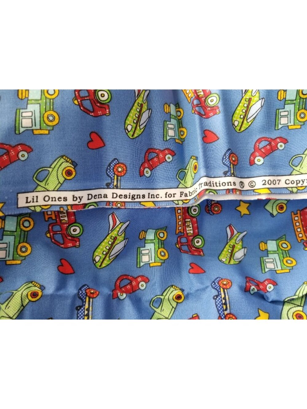 Material Cotton Blue Fabric Trucks Trains Cars Hearts Fabric 2007 Dena Designs L